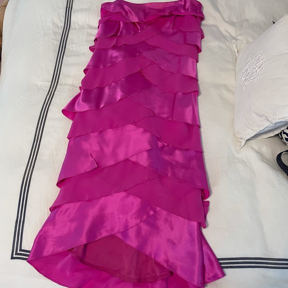 Tadashi tiered pink midi dress, high low back
